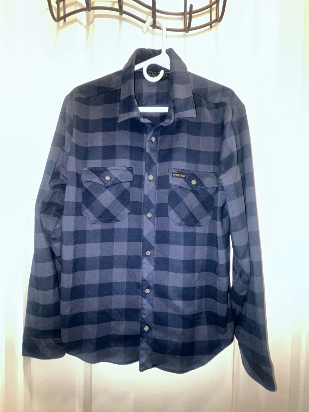KUIU Men's Navy and Dark Blue Plaid Button-Down flannel Shirt